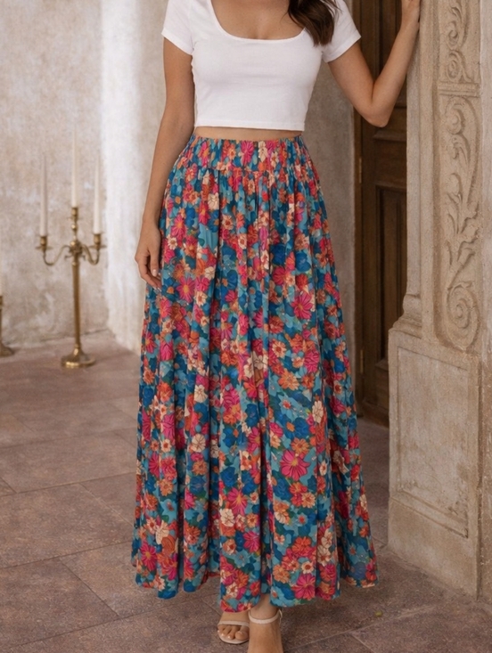 NATURAL LIFE Dresses & Skirts - NWOT Natural Life Medium Bohemian Floral Maxi Skirt Teal Multi Pink Orange M